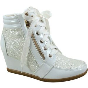 Forever Link sparkly glitter wedge sneakers prom wedding heels white size 6.5